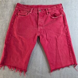 Levis 501 Cut Off Denim Shorts Mens W32 Red Americana Raw Hem Streetwear